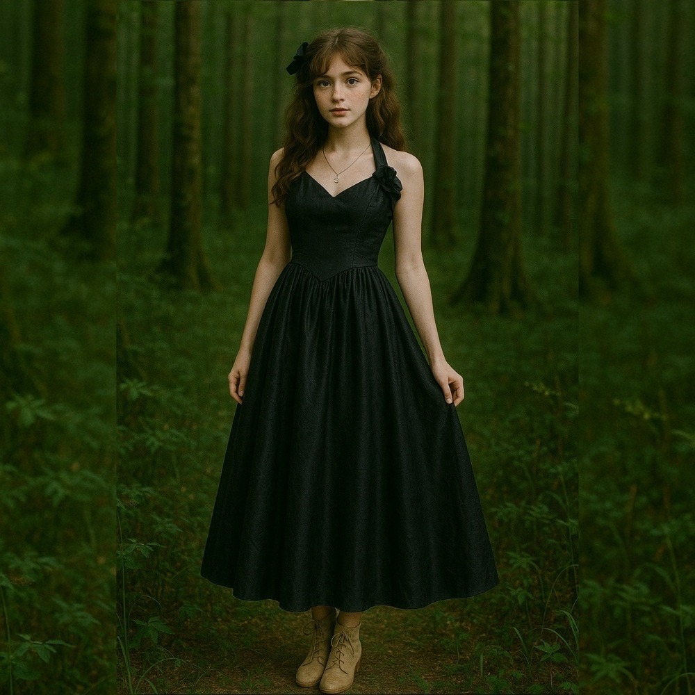Gunne Sax 80s Black Damask Ruffle Halter Midi‎ Dress Tulle Underlay Bow Back